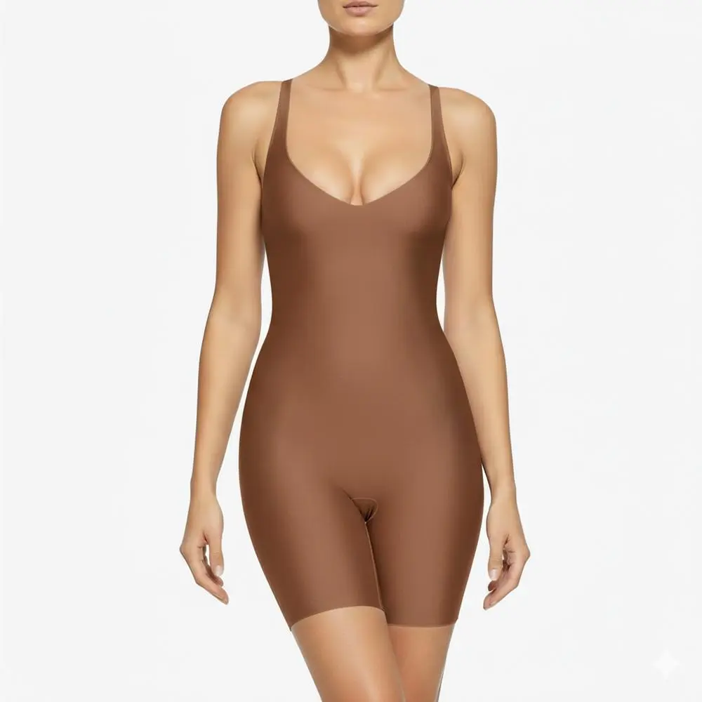 Unlined Deep V-Neck Boyleg Bodysuit Seamless 360° Full Body Shaper - Firm Tummy Control & Lifted Booty Shaper for Women
