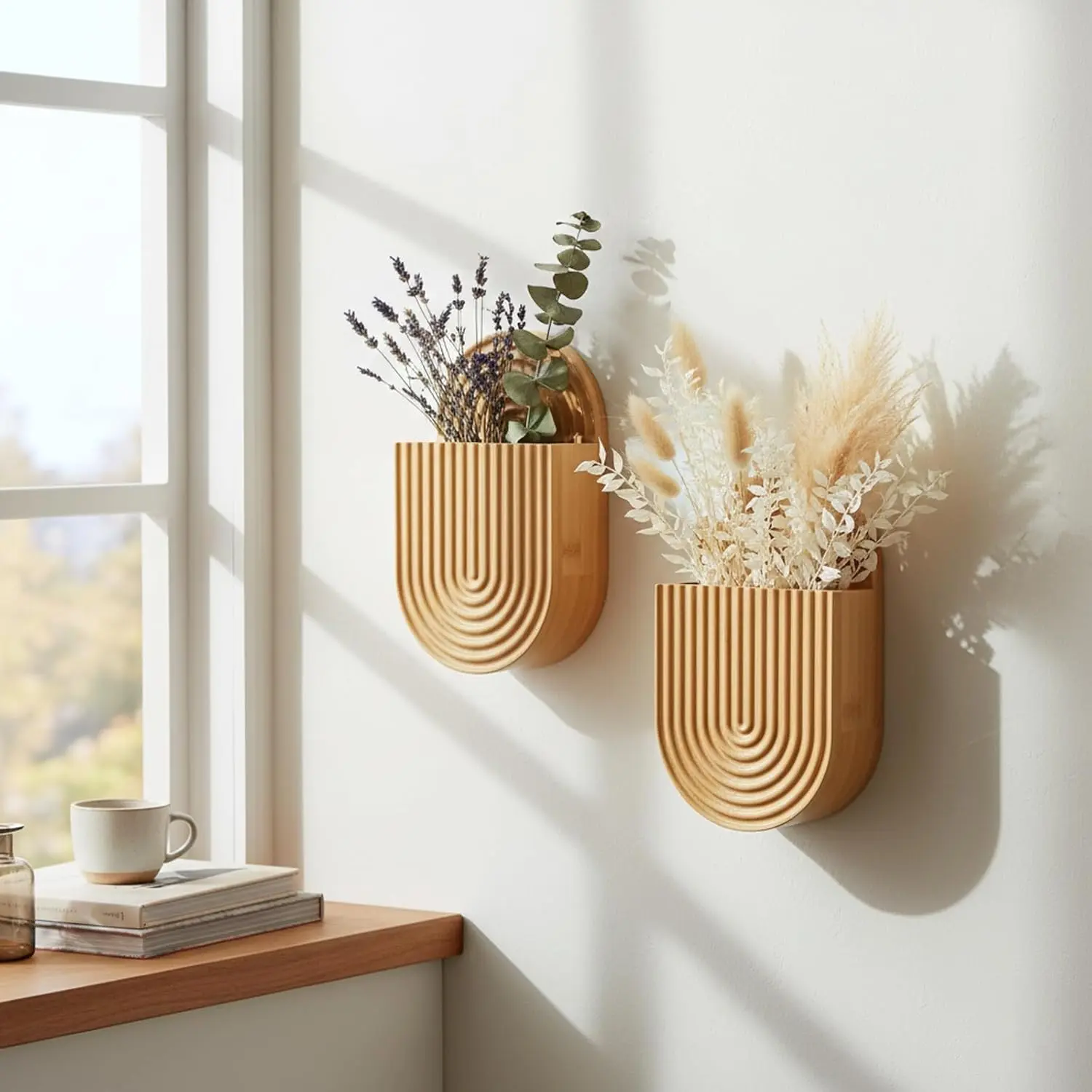 Bamboo Wall Vase Set of 2, Bamboo Boho Wall Decor Planters Holder for Indoor Plants, for Entryway, Hallway, Bathroom, Living Room, Dining Room