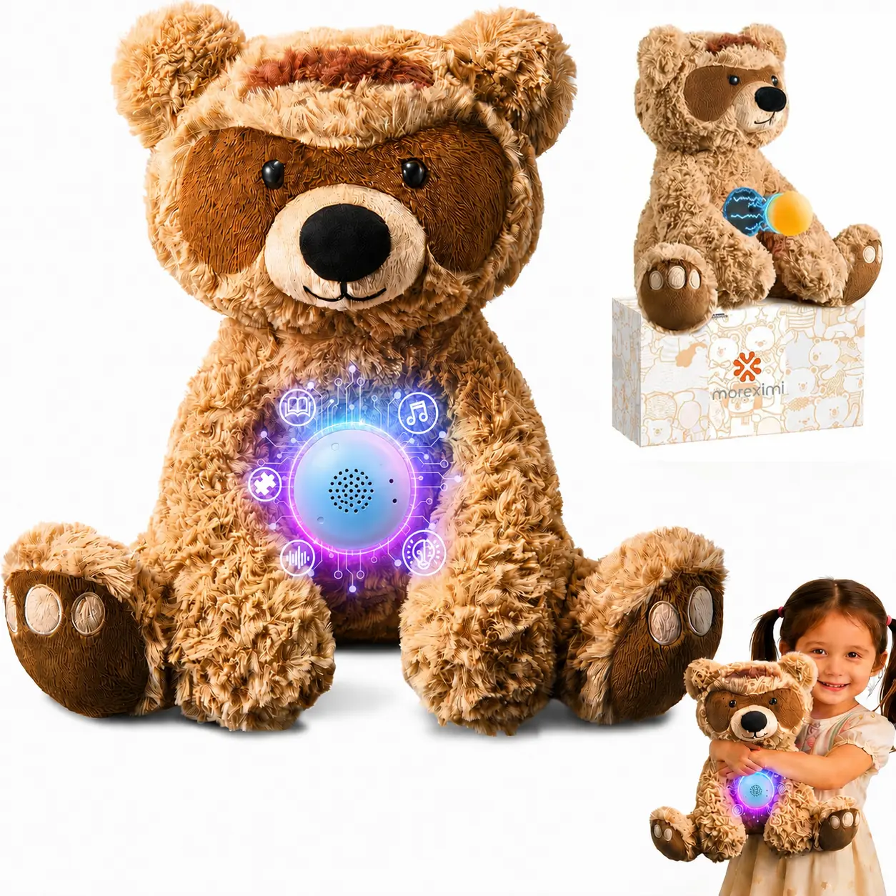 MOREXIMI AI Storytelling Electronic Interactive Stuffed Teddy Bear for Kids Age 3+, Screen-Free Bedtime Companion, Super Soft Stuffed Animal, Unlimited New Stories, Interactive Learning & Comfort Gift, Stuffed Animals