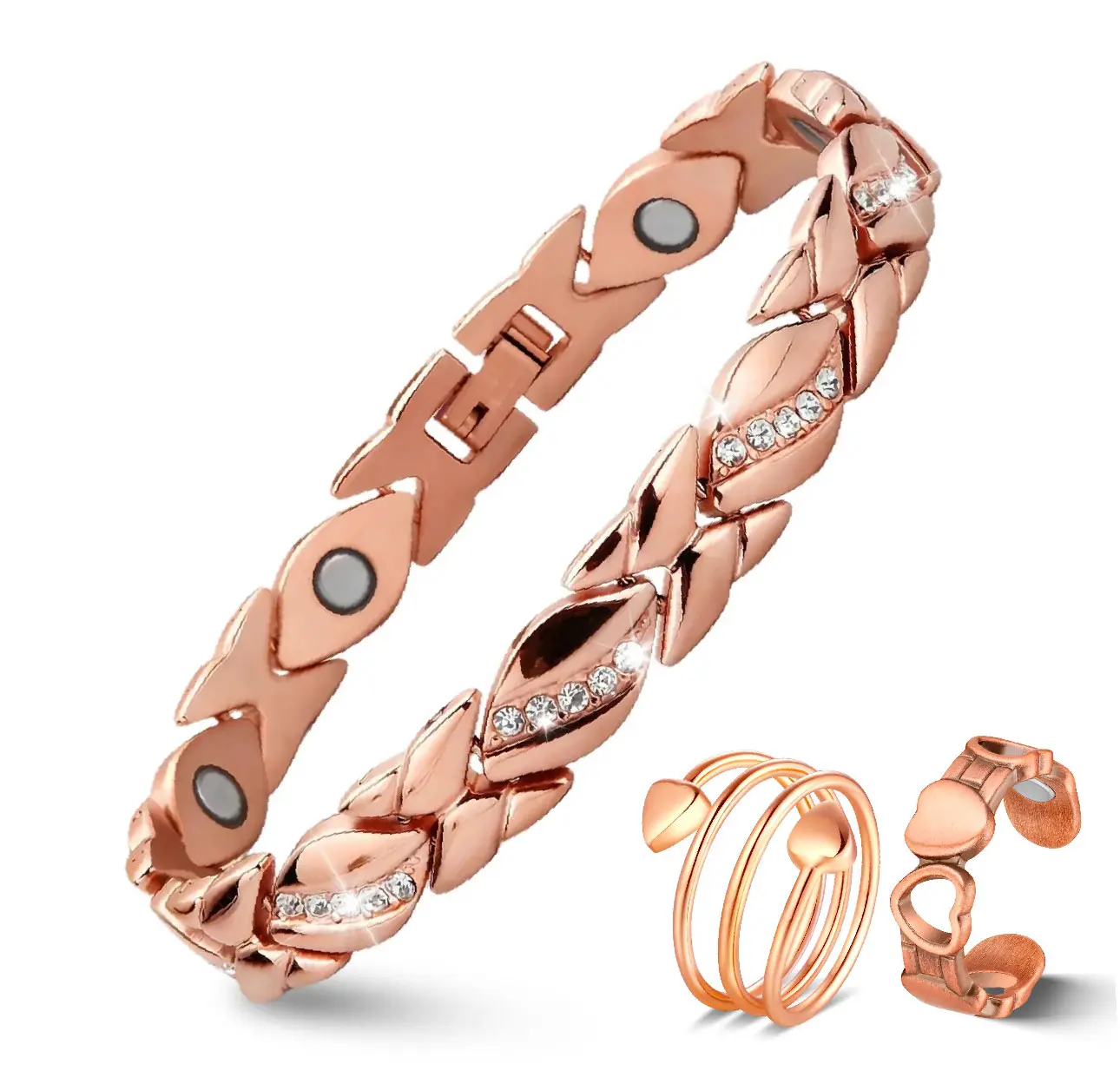 Feraco Copper Bracelets&Rings Set, 3pcs 99.99% Pure Copper Magnetic Bracelets | Effective Neodymium Magnets, Adjustable Jewelry Gift with Sizing Tool