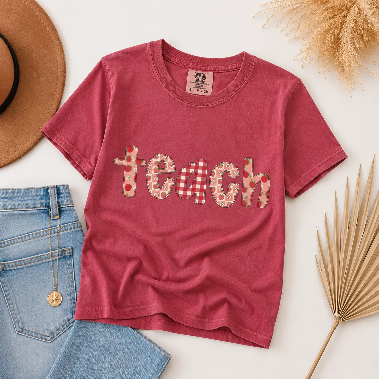 Strawberry Teacher Shirt, Comfort Colors Teach Tee, Summer Teacher Shirt, Back To School Shirt, Cute Teacher Gift, Red Gingham Teacher Tee - TrendWear USA