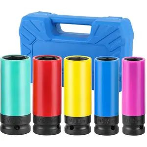 5PCS 1/2 Inch Drive Impact Lug Nut Socket Set, Non-Marring Thin Wall Wheel Protector Sockets, 6 Point Color-Coded Metric 15 17 19 21 22mm