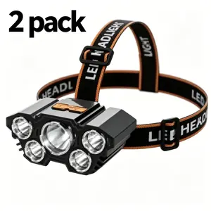 Buy one get one free, a total of 2, multifunctional 5-LED headlamp, head-worn flashlight, outdoor USB rechargeable fishing headlamp, high-brightness four-mode headlamp flashlight, for camping, work, maintenance, car repair, and renovation.