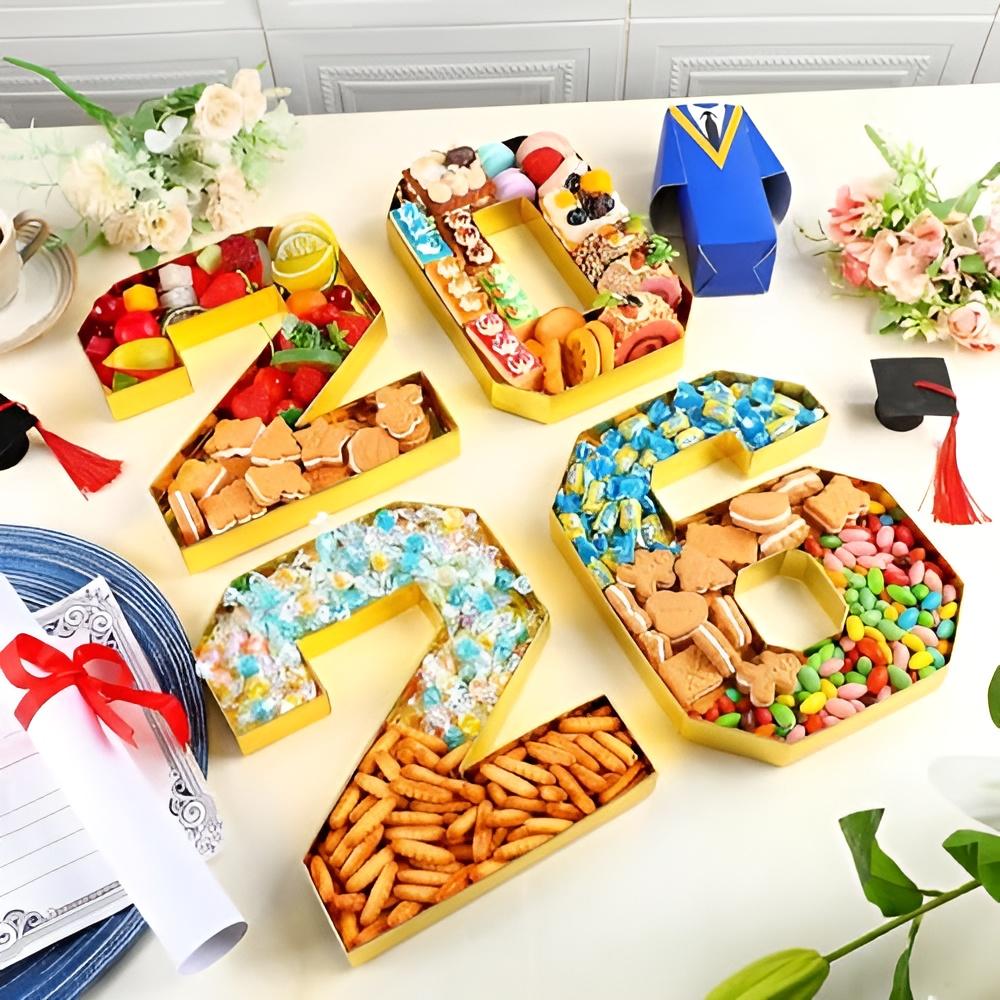 4 Pcs 2026 Graduation Fillable Number Trays 10" Cardboard Charcuterie, Dessert & Snack Serving Trays for Class of 2026 Party Supplies