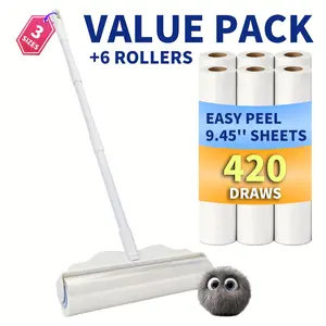 Extra Sticky Large Lint Roller for Pet Hair, 420 Sheets Total with 7 Rolls, Extendable Long Handle Sticky Mop, Carpet Floor Furniture Couch Car Bedding Pet Hair Remover for Pet Homes Cleaning Cleaning removal broom Household Household