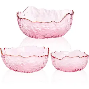 Set of 3 Glass Salad Bowls, Pink Serving Bowls for Kitchen Prep, Decorative Large Candy Bowl, Irregular Shape Space Saving Nesting Set for Salad, Fruit, Snack, Dessert