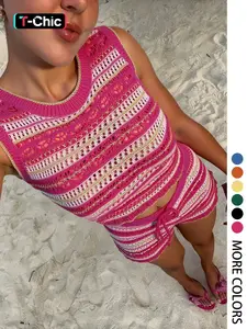 Women's Knit Set Casual Chic Hollow Out Sexy Slim Fitted Elastic Shorts Tank Top Spring Summer Sleeveless Two Piece Knitted Set (random Pattern)
