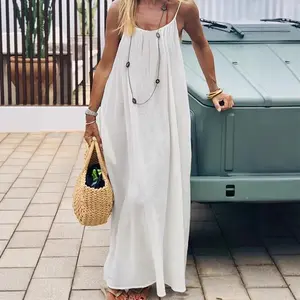 Women's Backless Cami Dress Summer Casual Sleeveless Boho Beach Maxi Dress Spaghetti Strap Vacation Long Sundress with Back Tie