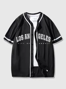 Men's Regular Fit Los Angeles City Print Baseball Jersey, Casual Short Sleeve V Neck Button Design Top for Daily Wear, Men's Clothes for All Seasons