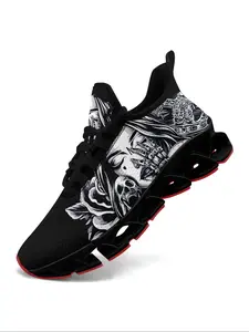 Men's Skull Print Lace Up Low Top Sneakers, Casual Comfortable Breathable Sports Running Shoes, Non-slip Sole Shoes for Daily Wear, Closed
