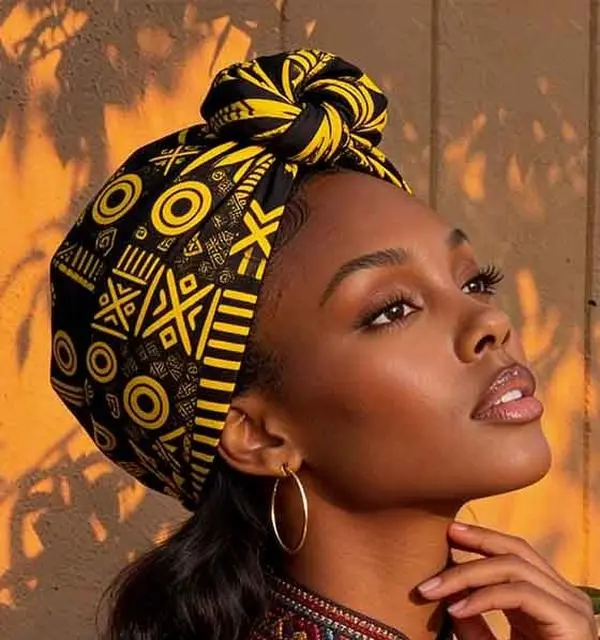African Headwrap - Affordable Yellow and Black 100% Cotton Hair Accessory, Low Iron, Hand Wash, Ideal for Church, Wedding Stuff, Ceremony, Double-Sided African Wax Prints, Cold Wash, Cultural, Large Size, Neat Edges, Rectangular, Casual, 22 Inches, Bandan