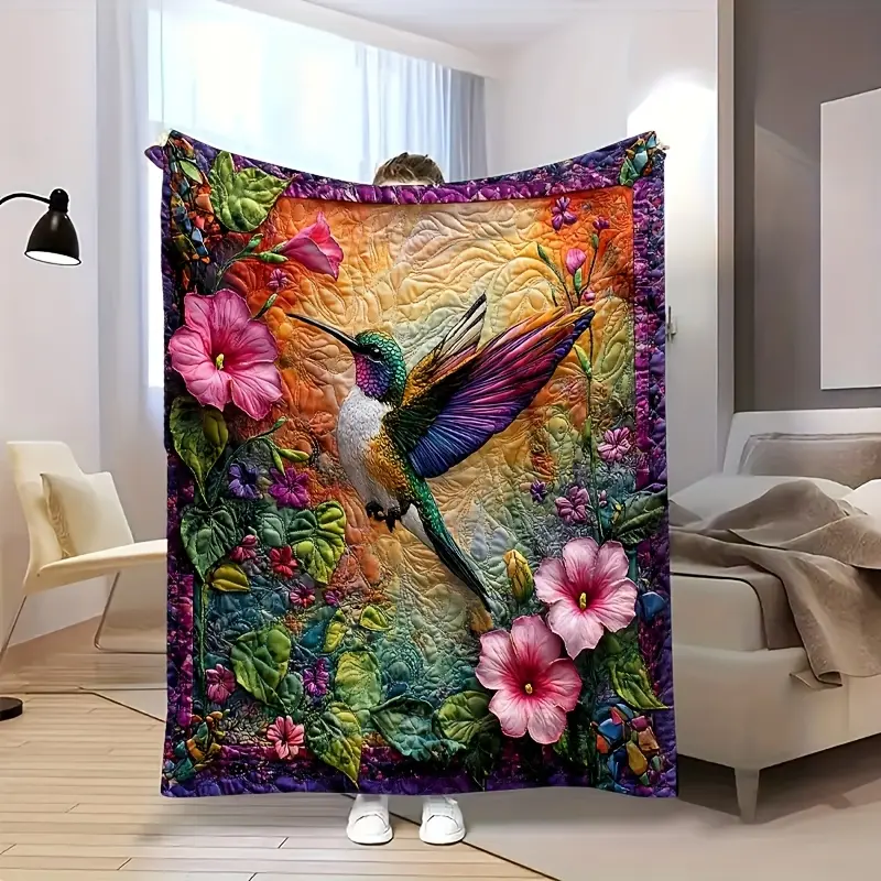 1-Piece Bohemian Hummingbird & Floral Artwork Print Flannel Blanket - Soft Warm, Assorted Color Bird Motif Boho All Season Blanket, Machine Washable Gift for Family & Friends (Sofa, Bed Use), Boho Blankets, All Season Blankets