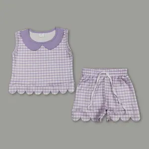 Purple Gingham Girl Summer Outfit | Cute Scalloped Shorts Set for Kids | Vacation Ready 2-Piece