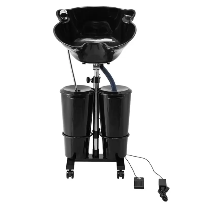 SLEEKS Professional Portable Shampoo Bowl with Electric Pump - Height-Adjustable Salon Sink for Home, Seniors - Includes 2 Buckets, 2 Showerheads, Drain Hose for Bedside Use - Black