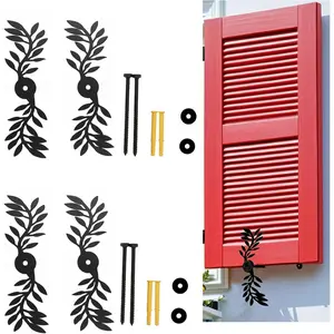 4-Piece Iron Black Leaf Shaped Shutter Tieback, 7-Inch Decorative Shutter Holder with Installation Hardware, Windproof Exterior Shutter Fastener for Outdoor Wall