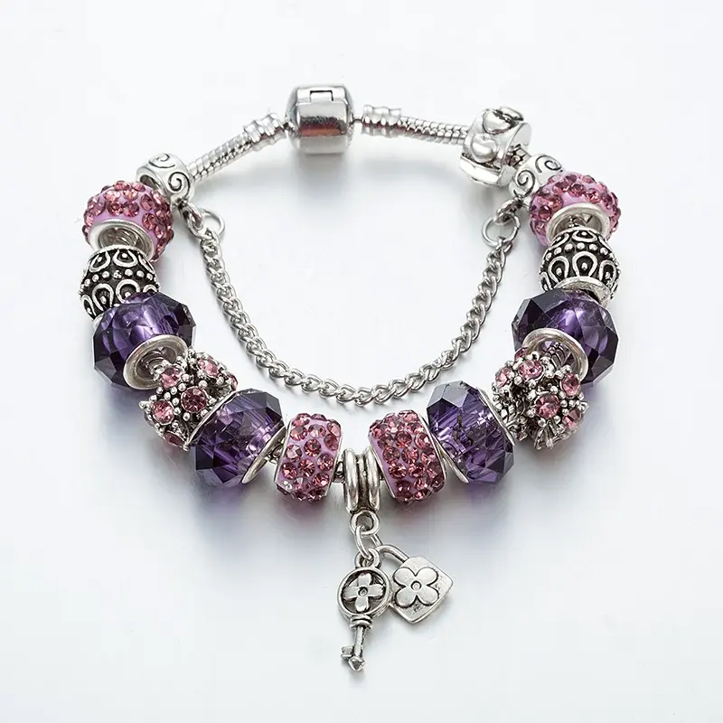 Purple Pink Crystal Bead Charm Bracelet silver charm key lock charm beaded charm fashion