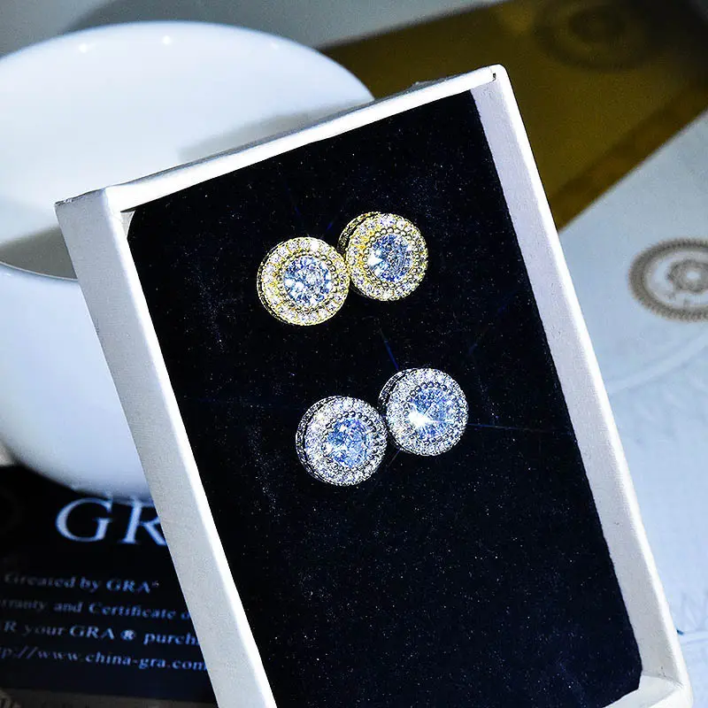 Sparkly Classic Round 2-Carat Simulated Moissanite Stud Earrings DDMS0016 Full Diamond Pave Setting With Hearts And Arrows Women'S Earrings 14K Gold-Plated