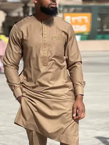 Traditional Muslim Set African Style Men's Wedding New Suit 2-Piece Round Neck Long Sleeve Fashion Top and Pants Wedding Ready African Influence