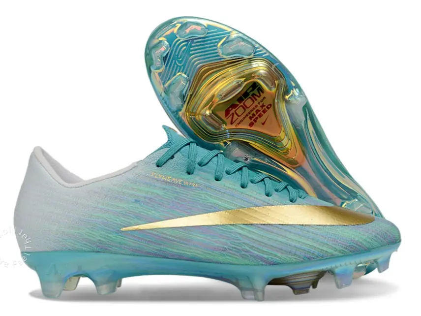 Gold Iridescent Electroplated Long Stud Outsole Gradient Ice Blue Striped Flyknit Fabric Gold Accent Low Cut Pro Soccer Cleats, Lightweight Breathable Natural Grass Anti-Slip Speed Training Boots For Men Women Match Footwear
