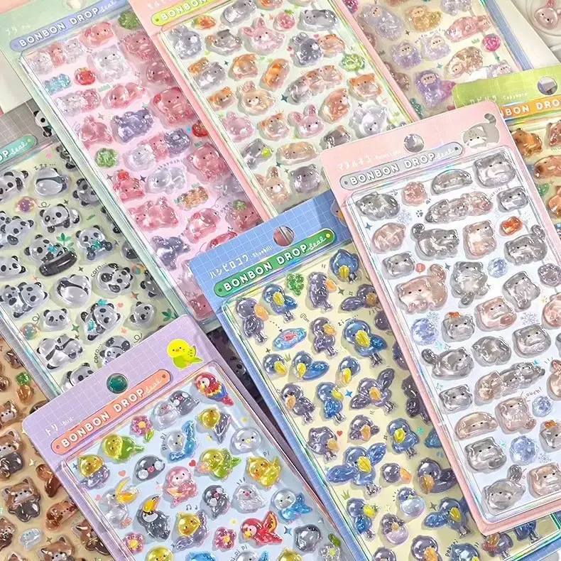 Cute 3D Crystal Animal Set Stickers - Puffy 3D Depth Decorative Stickers with Panda, Pallas's Cat, Piggy, Alpaca, Parrot for Journaling, Scrapbooking (Toys & Hobbies DIY Supplies), Cute 3D Animals