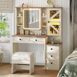 AOGLLATI Farmhouse Vanity Table Set - Dresser with Mirror, Lights, Charging Station, Jewelry Cabinet, 5 Drawers & Hidden Storage, Antique White Indoor Bedroom Furniture (Mother's Day Gift)