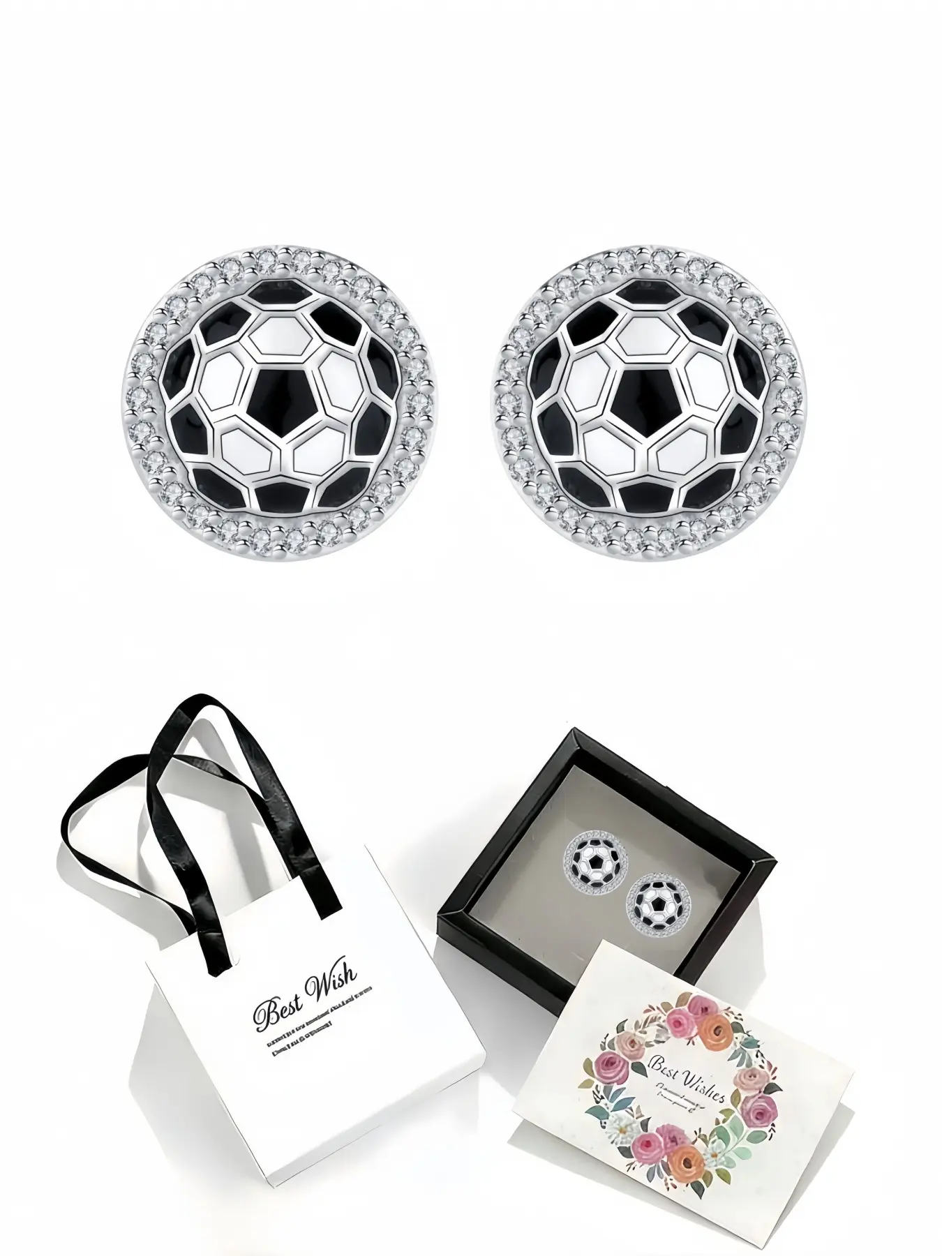 Goal Moment Luxury minimalist black enamel full-diamond football stud earrings for women.Comes with an elegant drawer-style jewelry gift box.Ideal for birthdays, Mother's Day, Valentine's Day, Christmas and anniversaries.