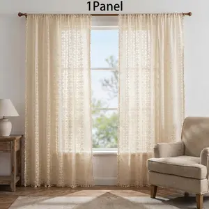 1panel Geometric Lattice Curtain, Fringe Trim, Rod Pocket Hanging, Bedroom, Bay Window, Floor-To-Ceiling, Atmospheric Home Curtains