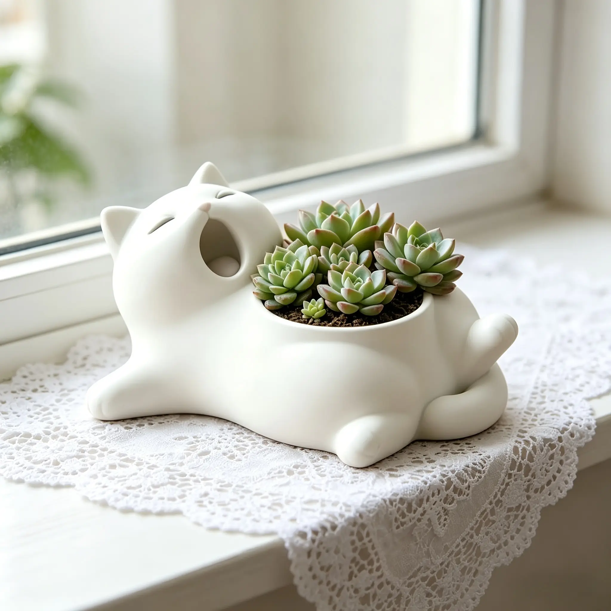 Cute Lying Cat Succulent Planter, Minimalist Animal Flower Pot, Resin Plant Pot, Desktop Home Decor, Stylish Plant Container for Living Spaces