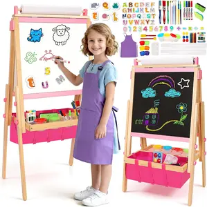 Wood Easel for Kids All-in-ONE Adjustable Easel with Art Supplies Magnetic Double Sided Whiteboard & Chalkboard Ideal Christmas Birthday Gift for Boys & Girls Age 3 to 8+ Years Old