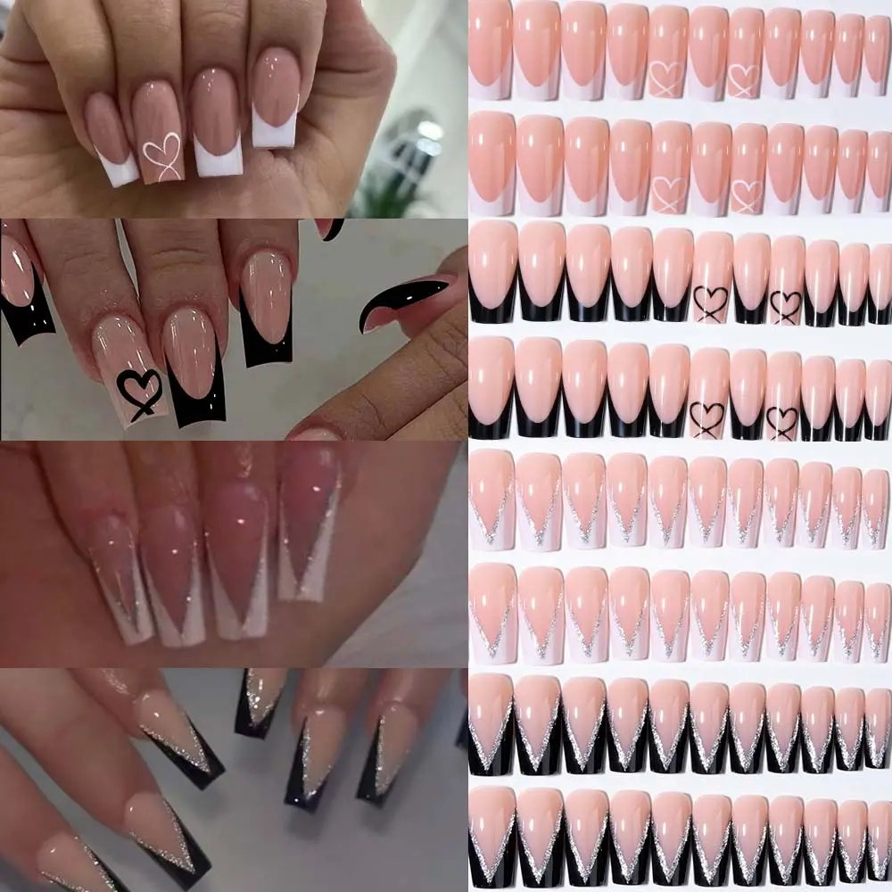 96pcs Box French Style Glossy Nail Tips, Short Stylish Acrylic Nails with Glitter Heart Design, Glitter Decorative Nails, Nail Art Supplies, Perfect for Women and Girls Daily Use, Glittering Fake Nails