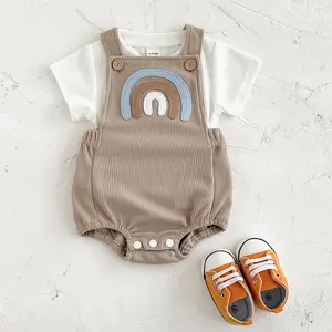 Two-piece Summer Baby Outfit Simple White Short Sleeve + Rainbow Applique Brown Cute Suspender Romper Infant Set