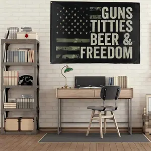 Guns Titties Beer & Freedom House Flag Tapestry  Double Stitched with 4 Brass Grommets for Indoor Outdoor College Dorm Room Decoration