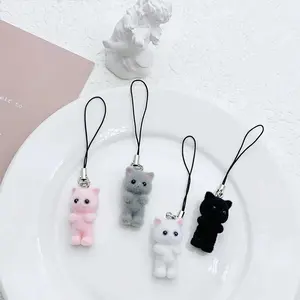 4pcs/pack Flocking Fabric 3D Lovely Cat Mobile Phone Charms Cute Animal Cellphone Chain Keychain Lanyard Strap Accessories ﻿