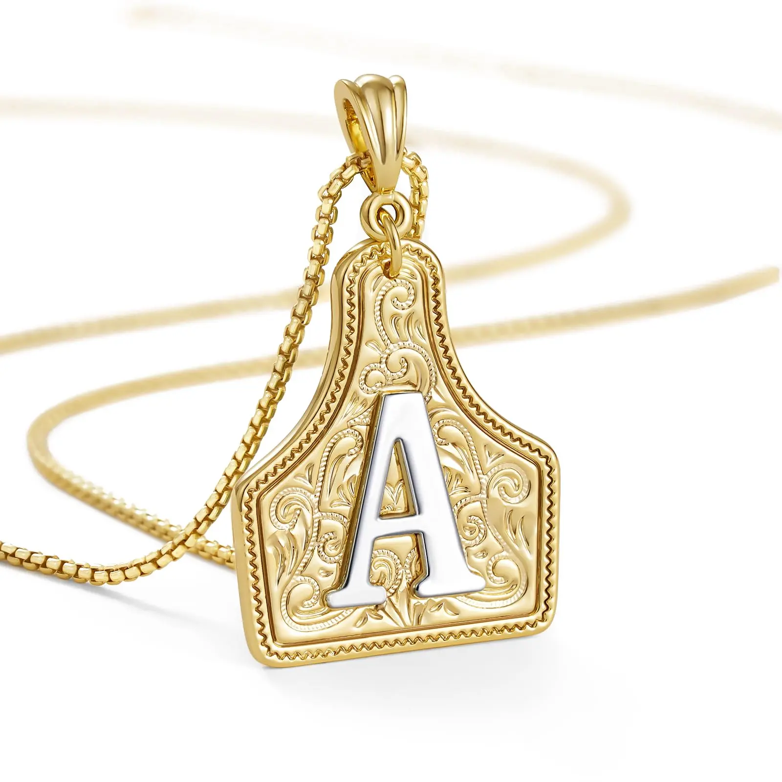 Western Cowgirl Initial Necklace for Men Women, 14K Gold Plated Cowboy Letter Pendant Necklace Handmade CowTag Two-Toned Jewelry Gift Medallion Chain