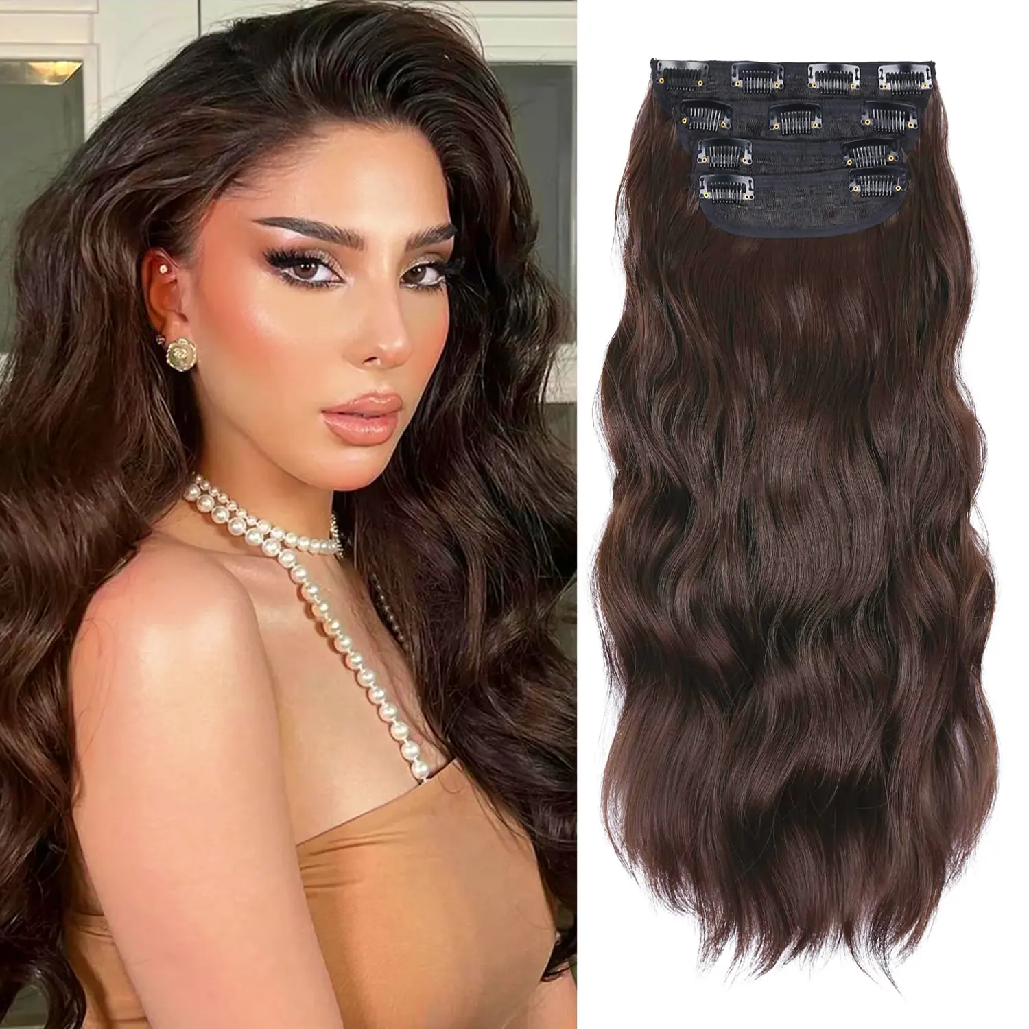 Dark Brown Clip in Hair Extensions 4Pcs, 20 Inches Soft Synthetic Curly Clip in Hair Extensions