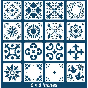 16 Pack 8X8 Inch Tile Stencil Set Mexican Pattern Reusable Stencils for Painting Floor Wall Furniture Canvas DIY Talavera Home Décor