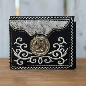 Black Wallet with Metallic Horse and Horseshoe, Genuine Cowhide and Leather | Made in Mexico