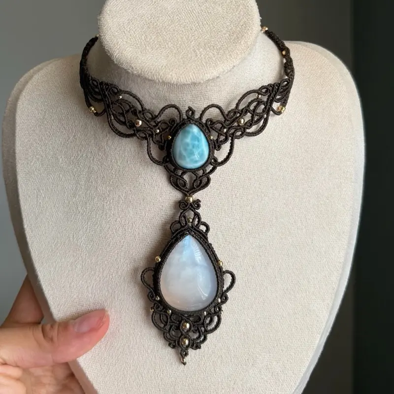 Handmade Macrame necklace with Larimar and moonstone