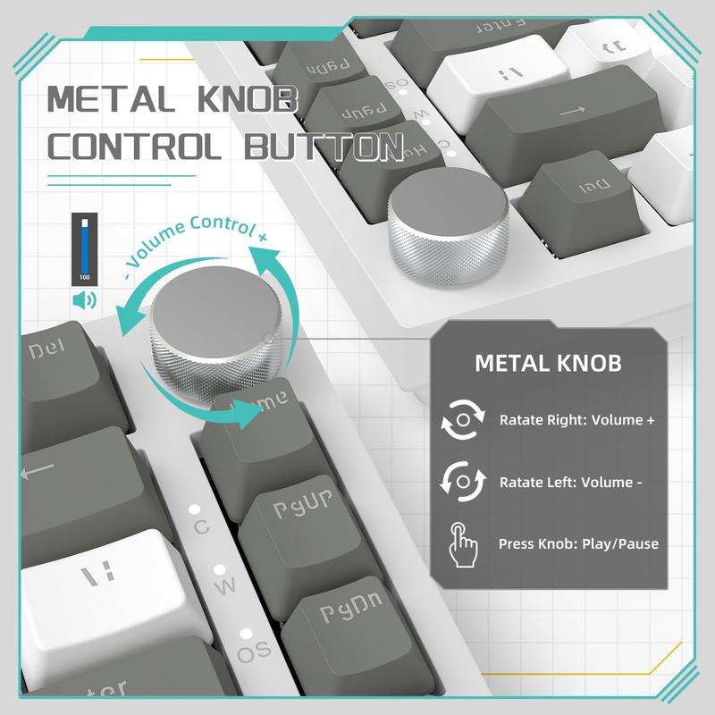 Ajazz AK820 Wired Office Mechanical Gaming Keyboard, 75% Layout Full-Key Hot-Swappable Gasket Structure with Luminous Metal Volume Knob and FN Multimedia Functions, Ergonomic Durable Plug-and-Play E-Sports Keyboard for Computer and Office