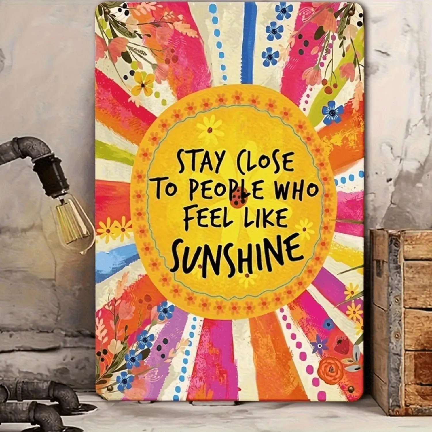 2D Flat, 2d flat Decorative Signs & Plaques 1pc Vintage Metal Tin Sign Wall Decor - "Stay Close to People Who Feel Like Sunshine" Inspirational Quote - Rustic Farmhouse Decoration with Floral Sunburst in Yellow, , , Orange, Green