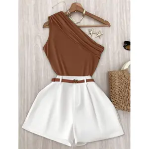 INAWLY Women's Sleeveless Solid Color Tank Top and Shorts Set, Casual Style