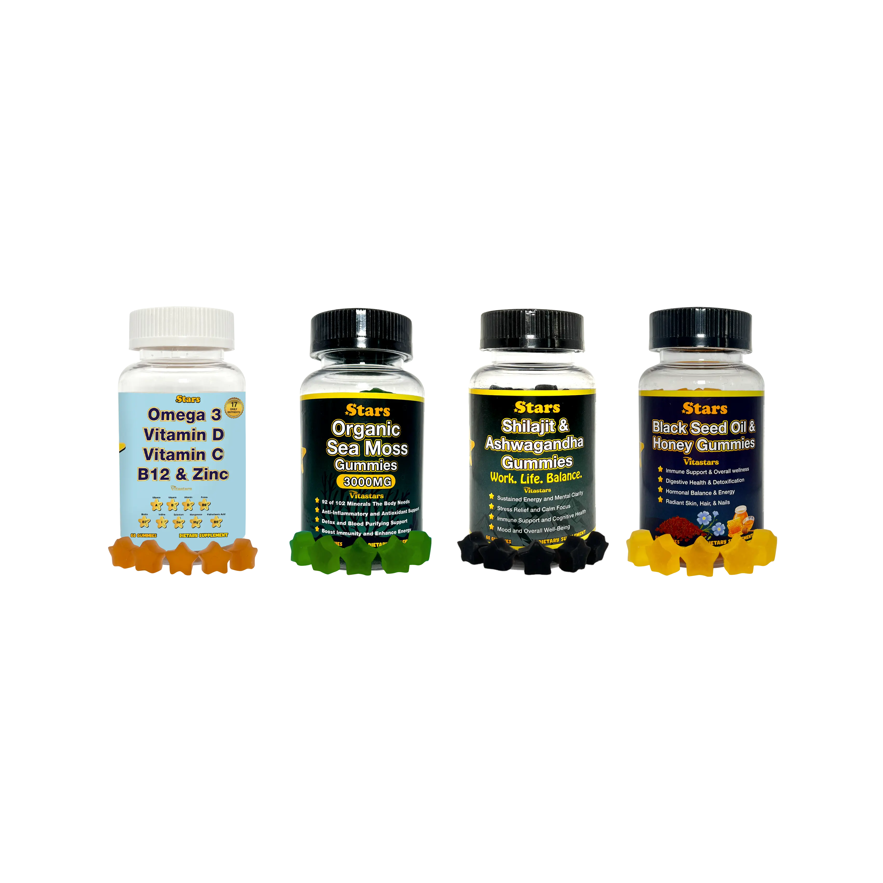 Total Body Wellness: Immune Support, Digestive Health, Energy & Multivitamins, Black Seed Oil, Sea Moss, Shilajit & Omega 3 Gummies, 4-Pack