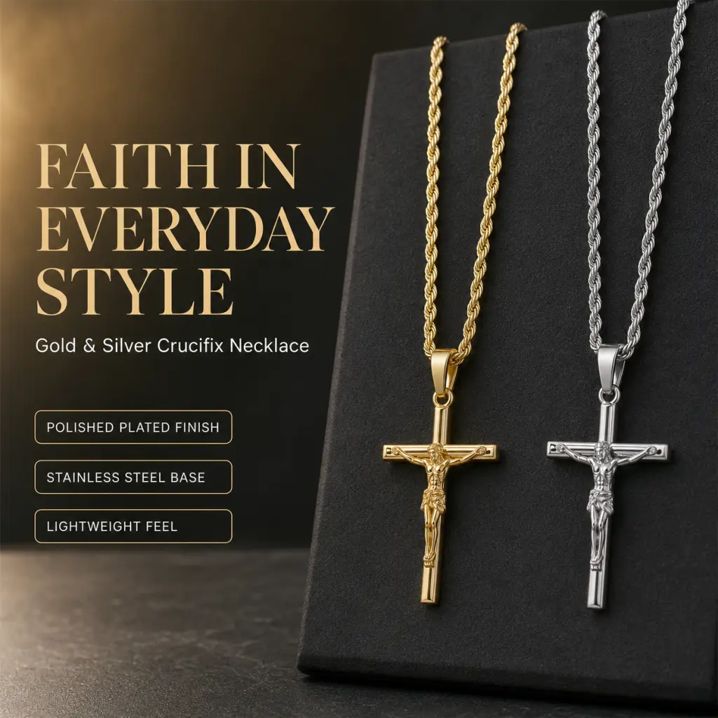 Christian Cross Necklace for Men Women, 18K Gold Plated Jesus Crucifix Pendant, Trendy Streetwear Faith Jewelry for Daily Outfit, Waterproof Stainless Steel Non Tarnish Religious Necklace, Vintage Unisex Gift for Boyfriend Husband Couple