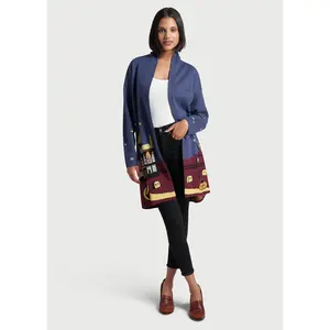 ModCloth Enter If You Dare Coatigan Halloween Cardigan Long Sleeve Cotton Blend Blue Haunted House Border Print (XS-4X)