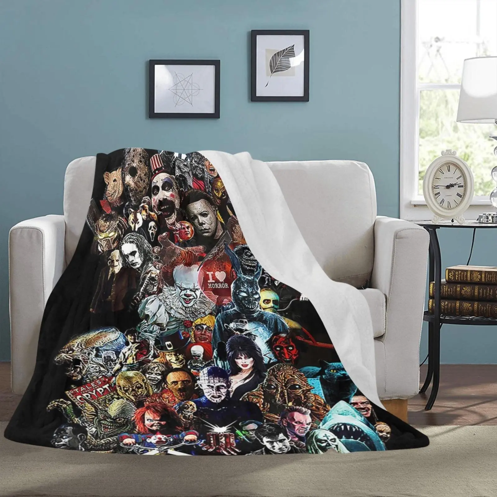 Halloween Horror Movie Character Flannel Blanket Lightweight Warm Plush Microfiber Sofa Bed Blanket Thin Air Conditioning Blanket for Halloween Season Decoration