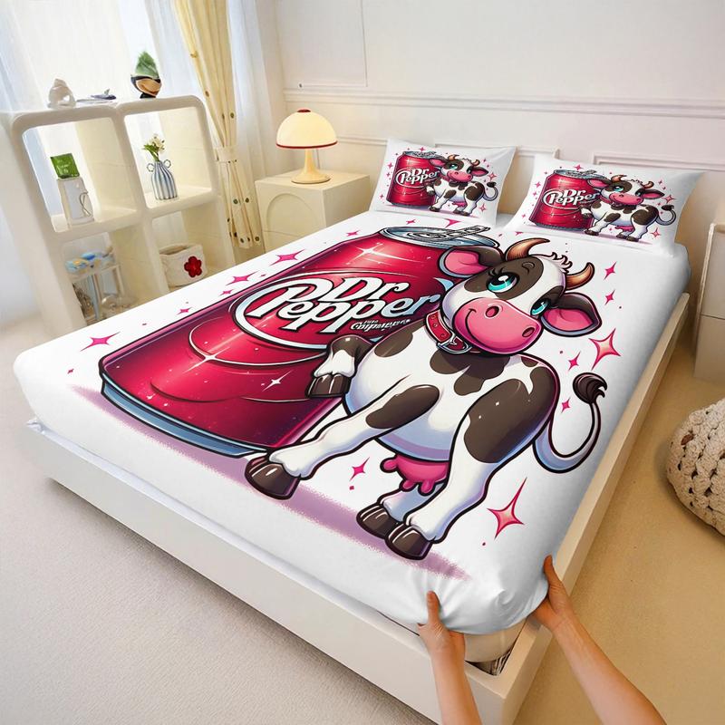 Dr Pepper Brand Full Print Fitted Sheet Set, 1 Fitted Sheet and 2 Pillowcases, Wine Red Color Base, Soft Skin-Friendly, Dustproof Anti-Wrinkle, Decorative Bedsheet Sets, Trendy Bedroom Decor for Boys and Girls