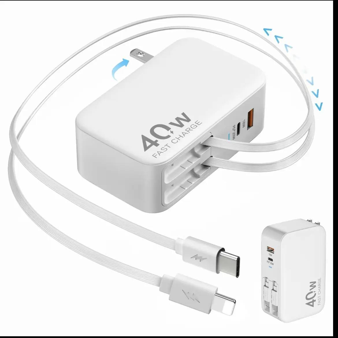 4-in-1 40W Retractable Wall Charger with Dual 90cm Cords, Foldable Plug, LED Protection, Dual Ports, Lightning Compatibility - Fast USB Charging for iPhone, Samsung Mobile Devices - Portable Electronics Adapter, Dual 90Cm Cables