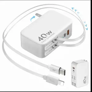 4-in-1 40W Retractable Wall Charger with Dual Cables Retractable Charger Adapter with Foldable Plug 40W USB Fast Charging for iPhone Samsung Cellphones Portable TikTok Shop Holiday Haul Smartphones Electronics Folding