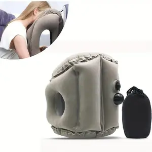 Portable Inflatable Nap Pillow with 60° Arm Jack Design Soft Breathable Microfiber Gray for Airplane Train Car & Office Use Comfortable Neck Support