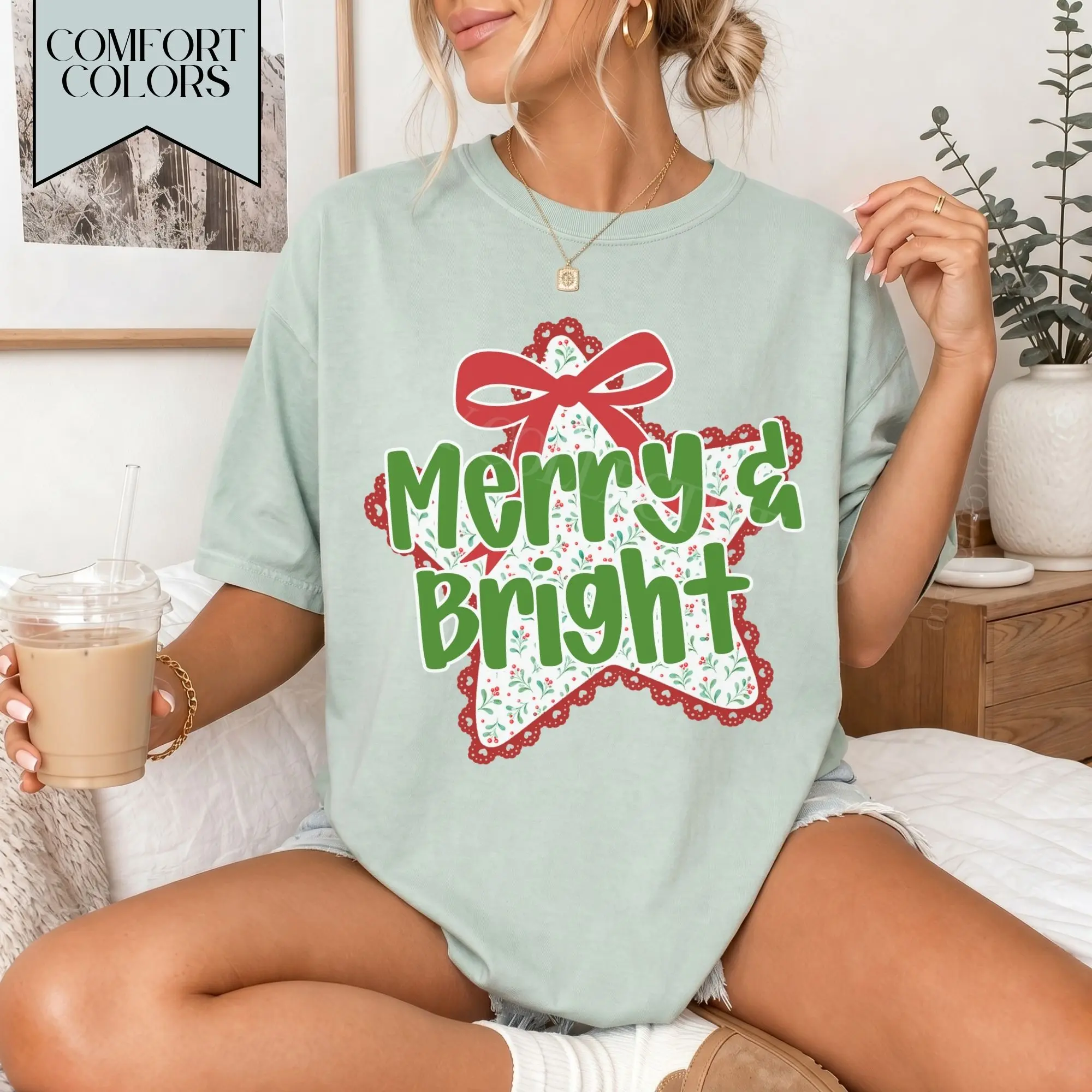 Merry & Bright Comfort Colors Christmas, Cute Holiday Graphic Tee for Mom